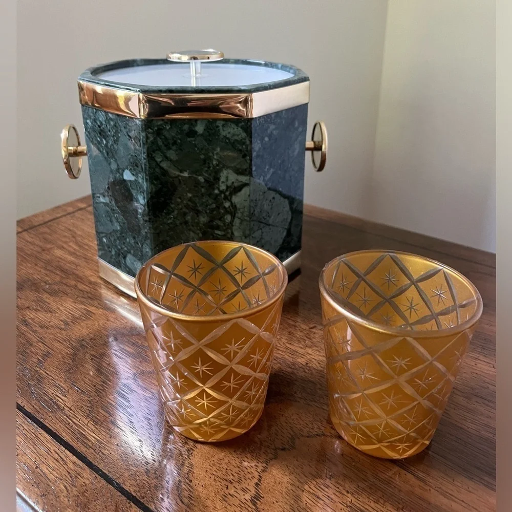 Mid Century Lot Faux Green Marble Ice Bucket and The Bombay Pair glasses